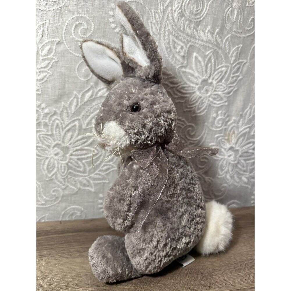 Jerry Elsner Plush Bunny Gray Standing Stuffed Animal Bow 12”